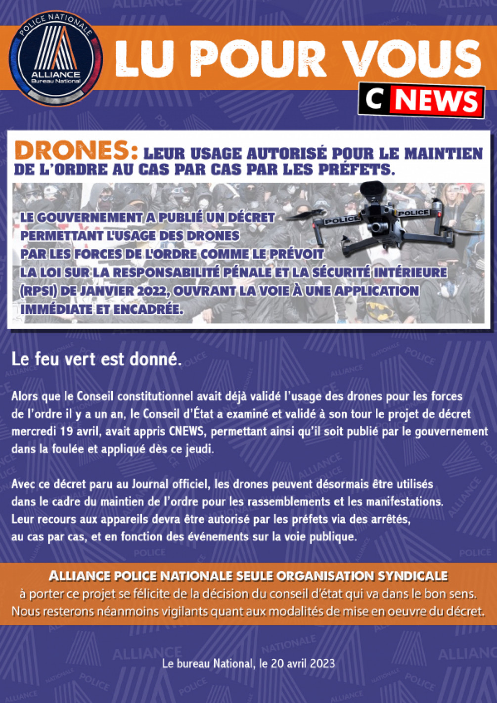 LU POUR VOUS SUR CNEWS - LE CONSEIL D'ETAT DONNE SON ACCORD POUR L'UTILISATION DES DRONES. LE GOUVENEMENT PUBLIE LE DECRET.